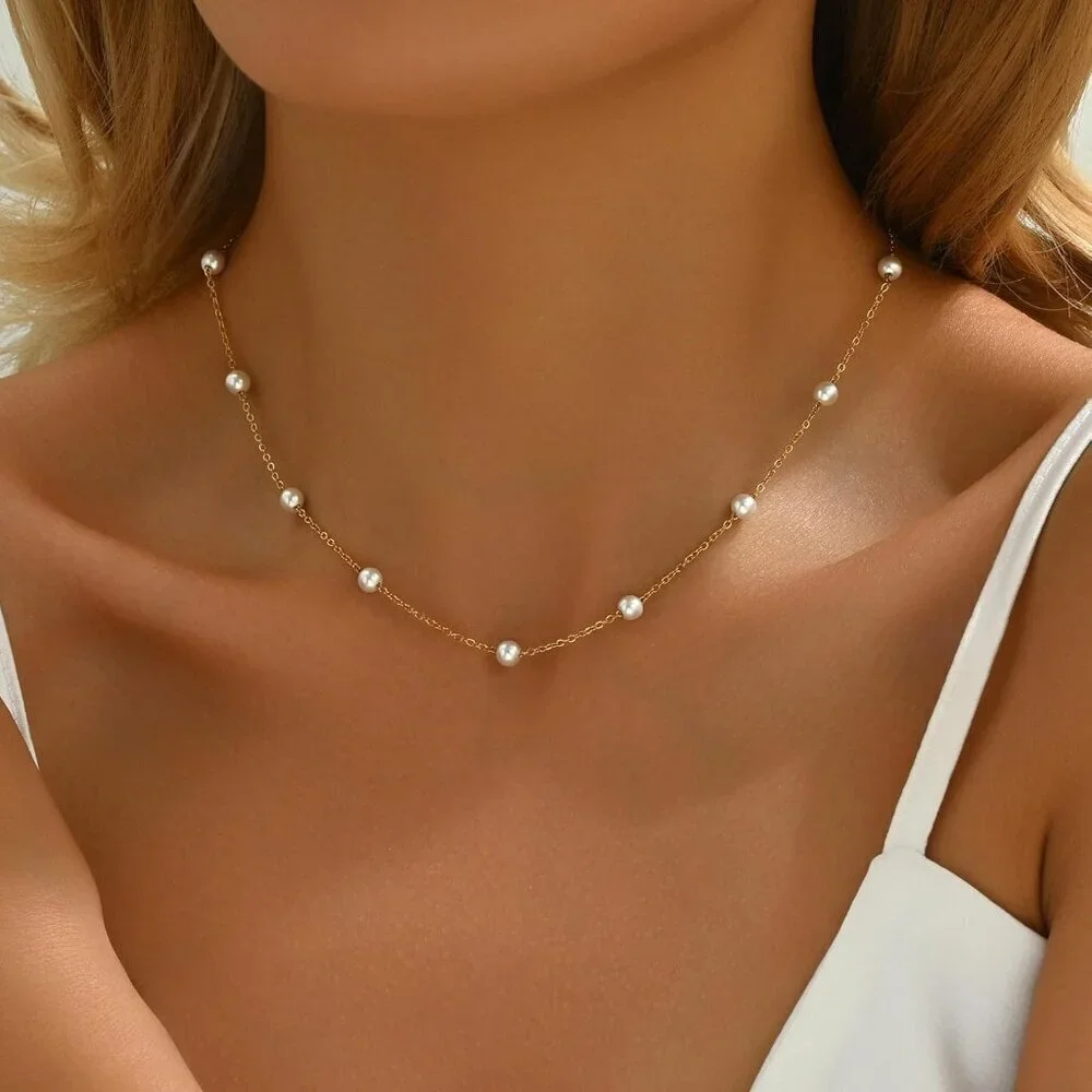 Jewigo 18K Gold Plated Pearl Necklace Women Dainty Choker Pendant Wedding Gift - Picture 3 of 6